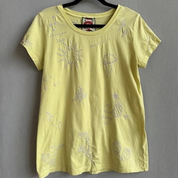 Johnny Was | Embroidered Yellow Scoop Neck Top | Sun Floral Boho Cotton Tshirt - Picture 1 of 10